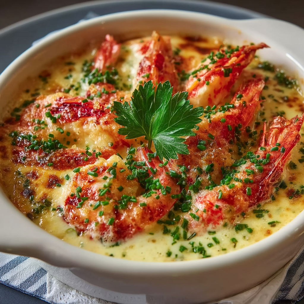 A bowl of cassolette with shrimp and herbs.