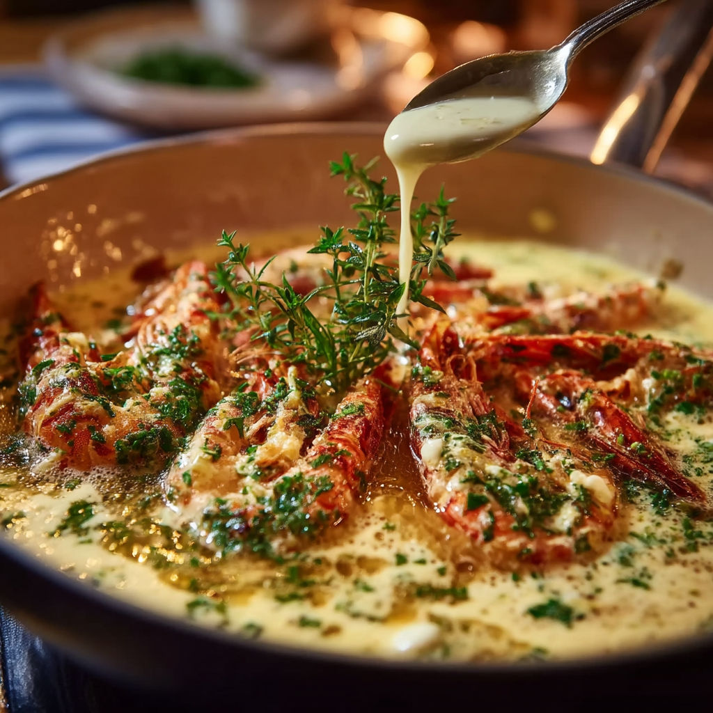 A bowl of cassolette with langoustines and crème.