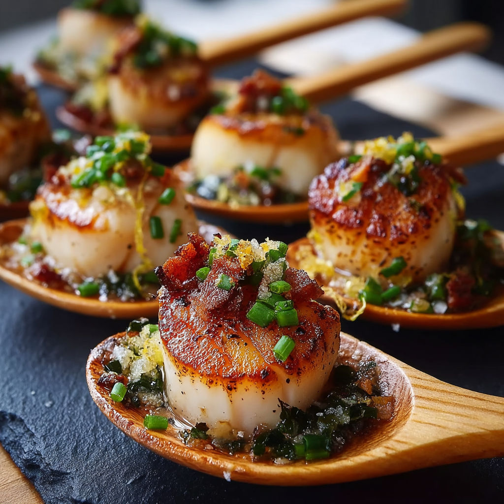 A wooden spoon with a shrimp on top.