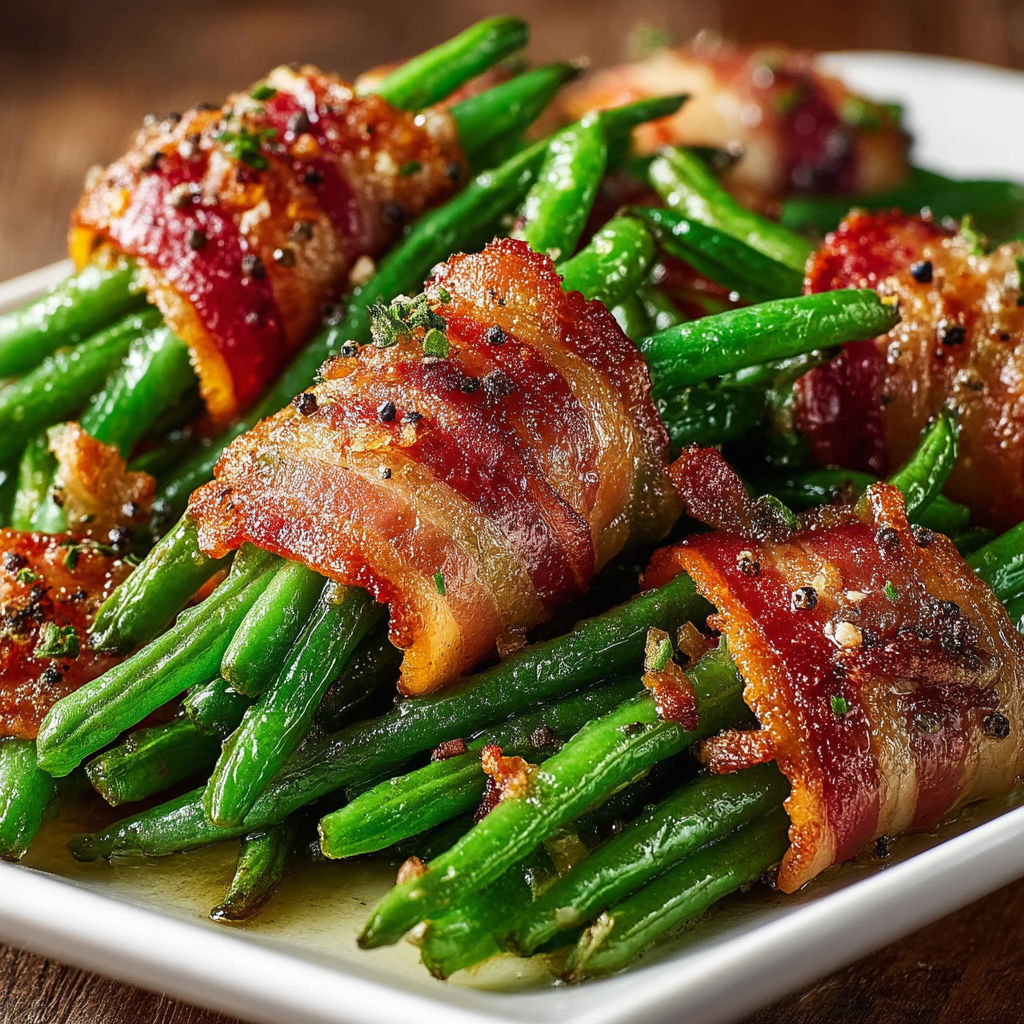 A plate of bacon wrapped green beans.