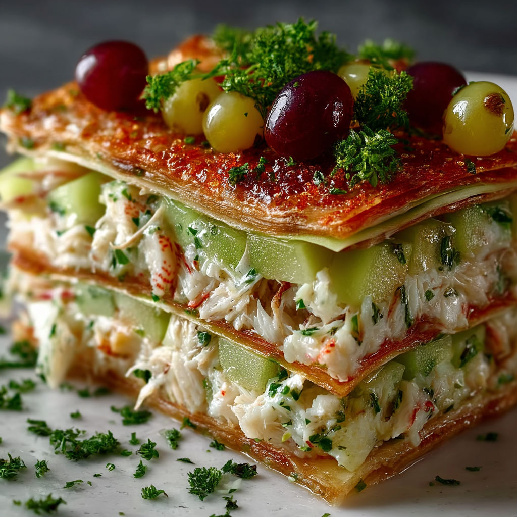 A stack of food with grapes and cucumbers on top.