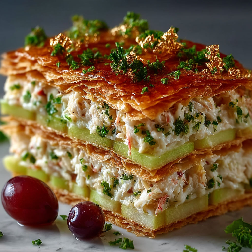 A stack of four pastry sandwiches with green toppings.