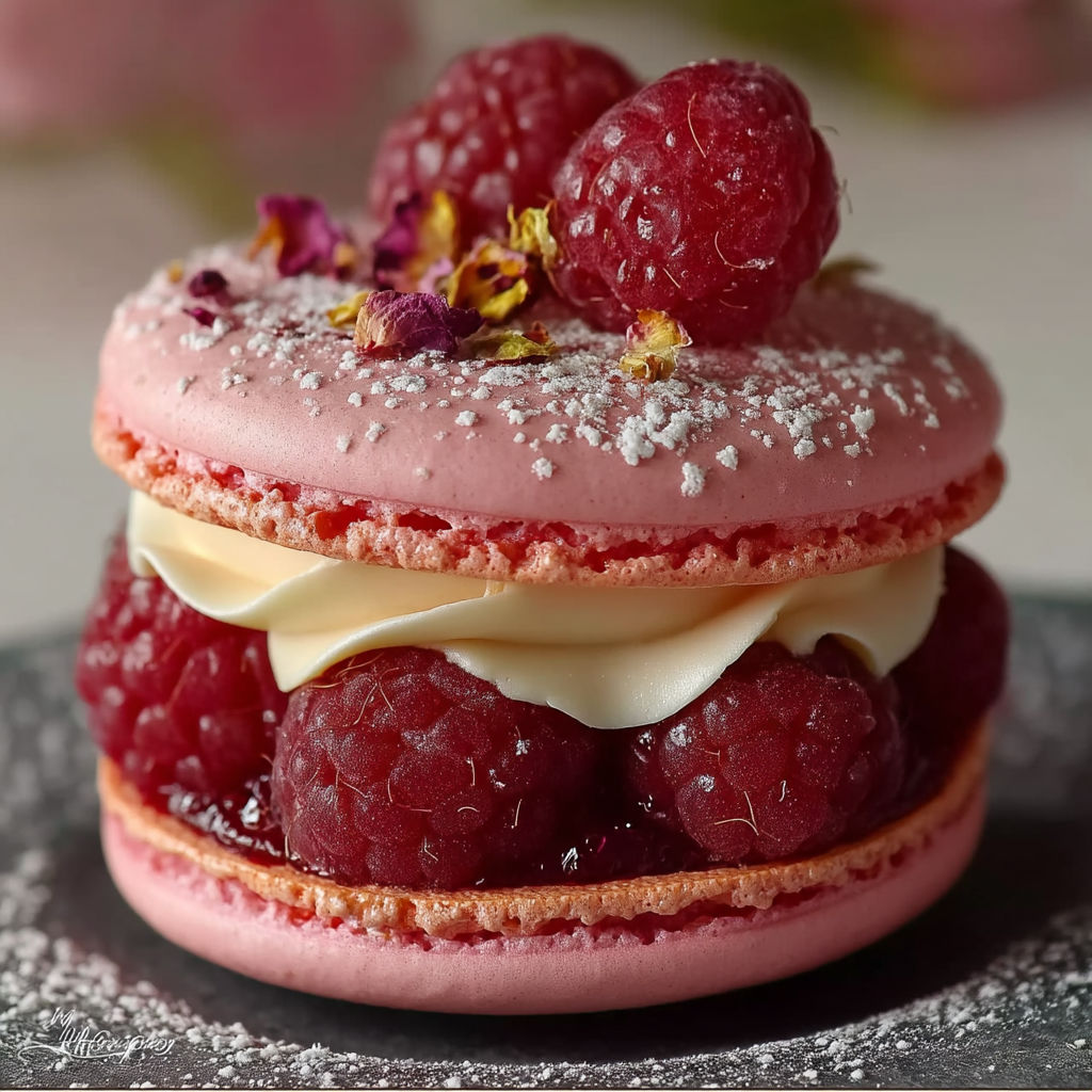 A macaron with raspberries and whipped cream on top.