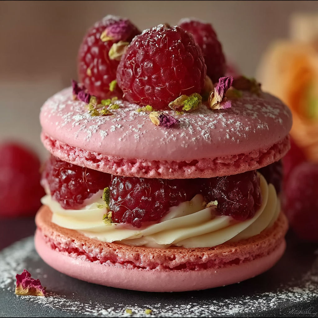 A stack of three pink and white macaroon sandwiches with raspberries on top.