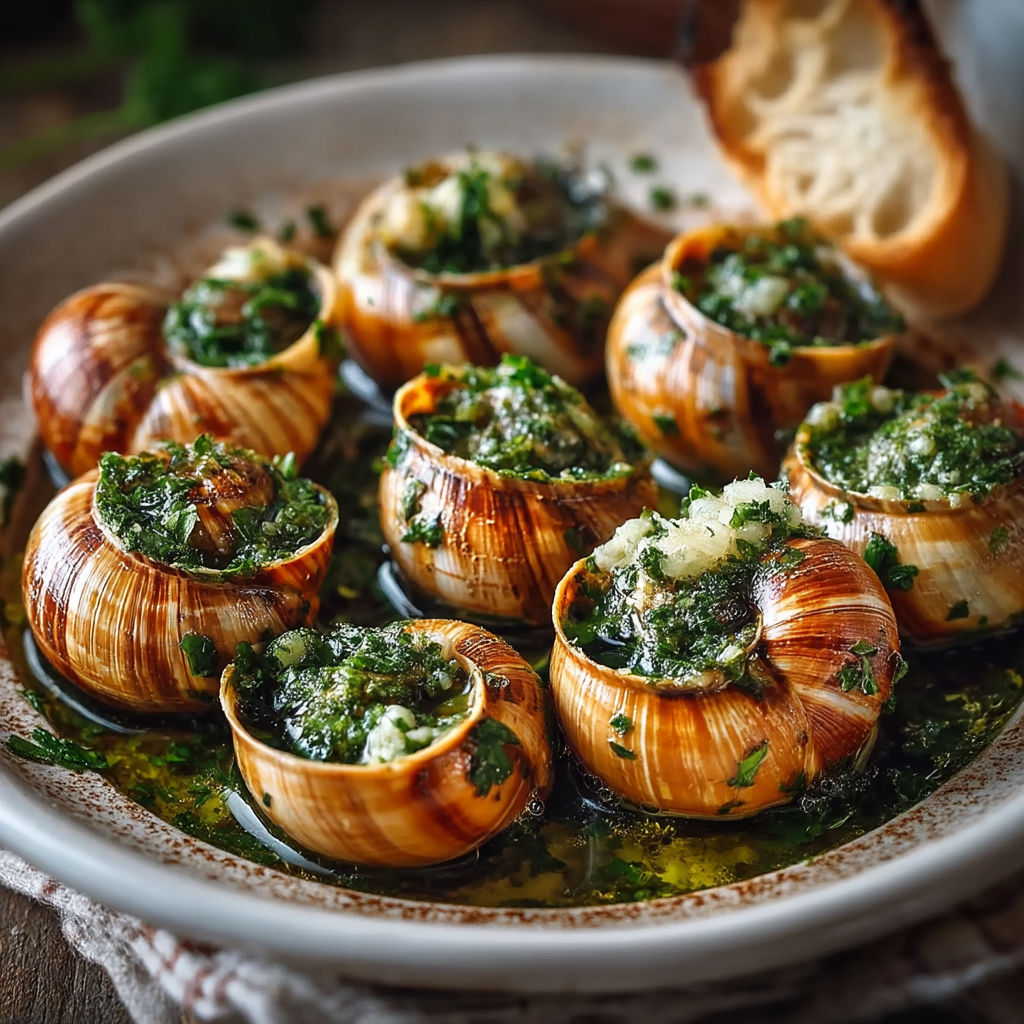 A plate of escargots bourgogne with beurre persillé.