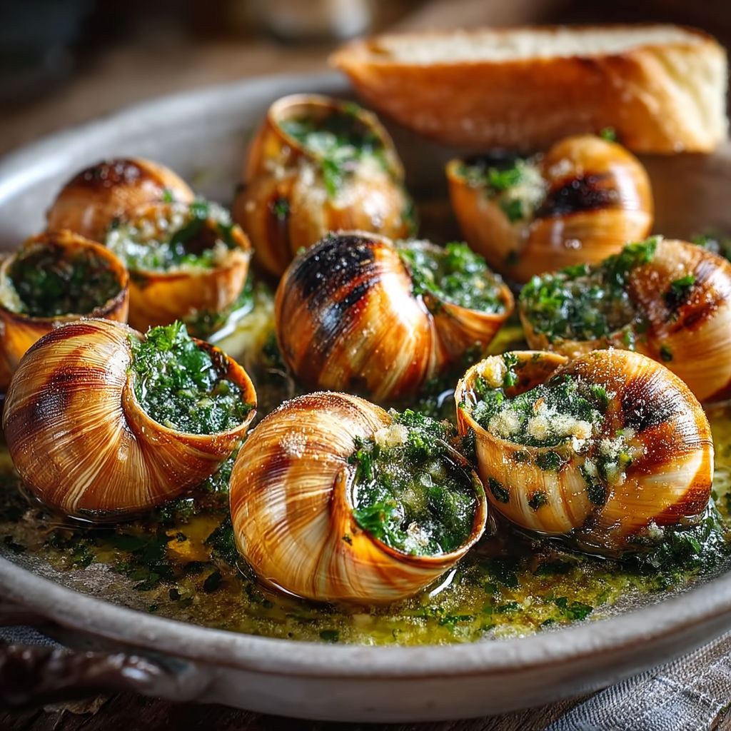 A plate of escargots bourgogne with butter and parsley.