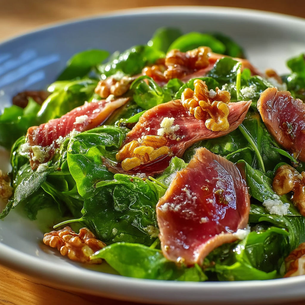 A plate of salad with meat and nuts.