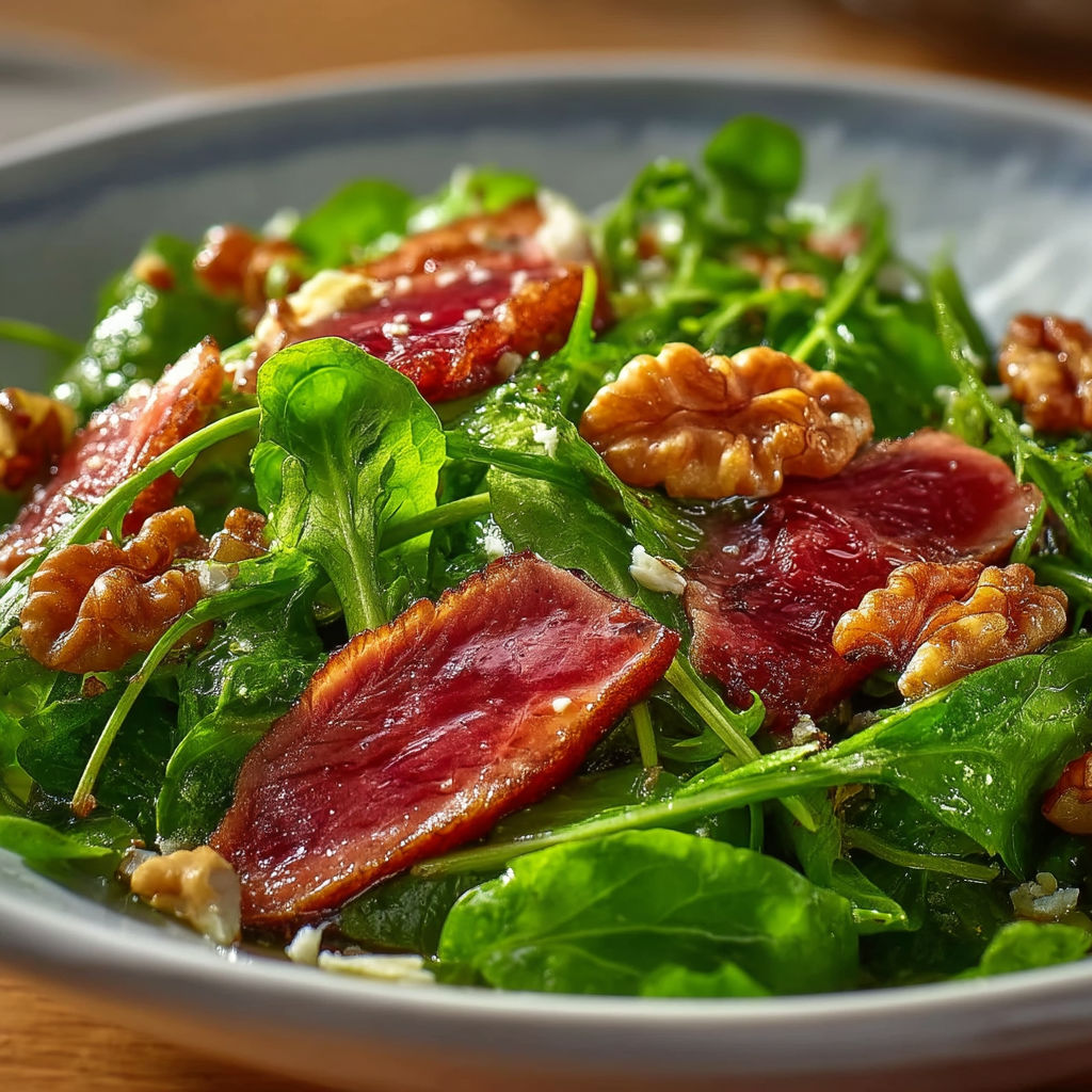 A plate of food with meat, spinach, and walnuts.