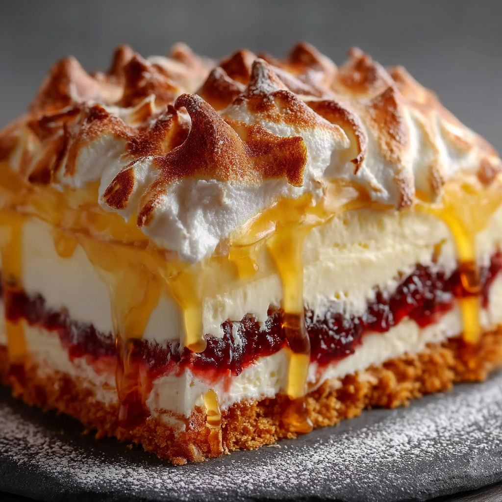 A slice of cake with a yellow sauce.