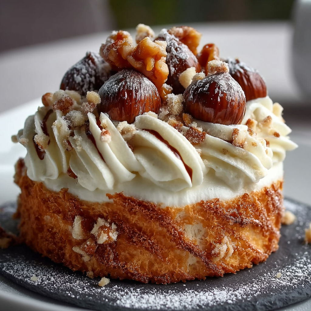 A slice of Mont-Blanc cake with almonds on top.