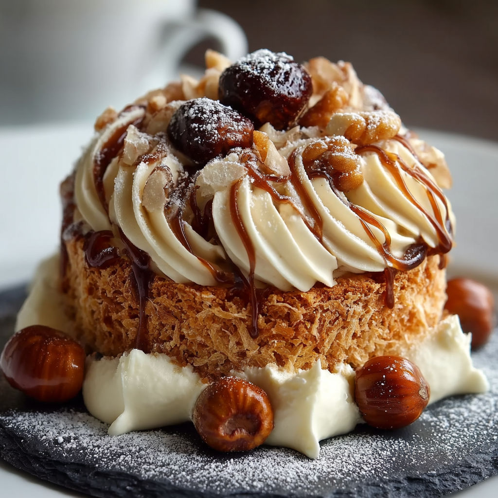 A dessert with a white frosting and nuts on top.