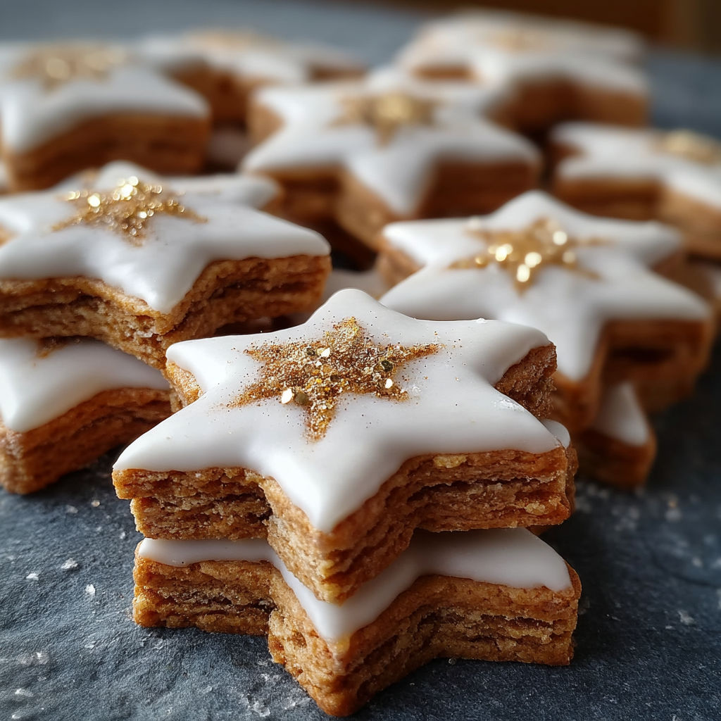 A stack of star-shaped cookies with gold stars on top.
