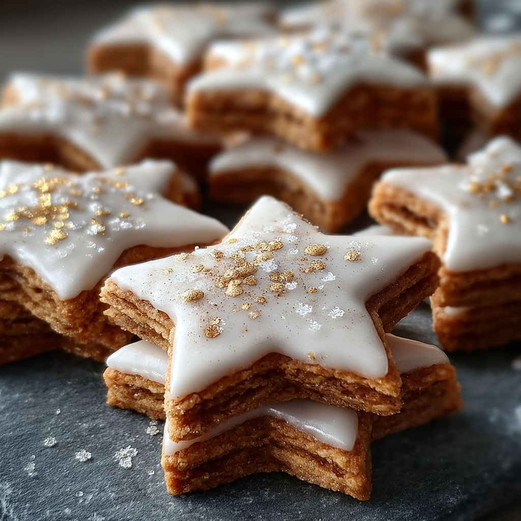 A close up of a cookie with gold stars on it.