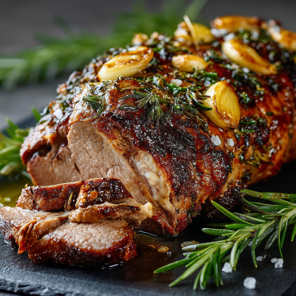 A roasted lamb chop with herbs and garlic.