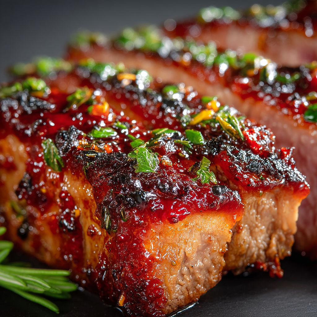 A close up of a piece of meat with a sauce on it.