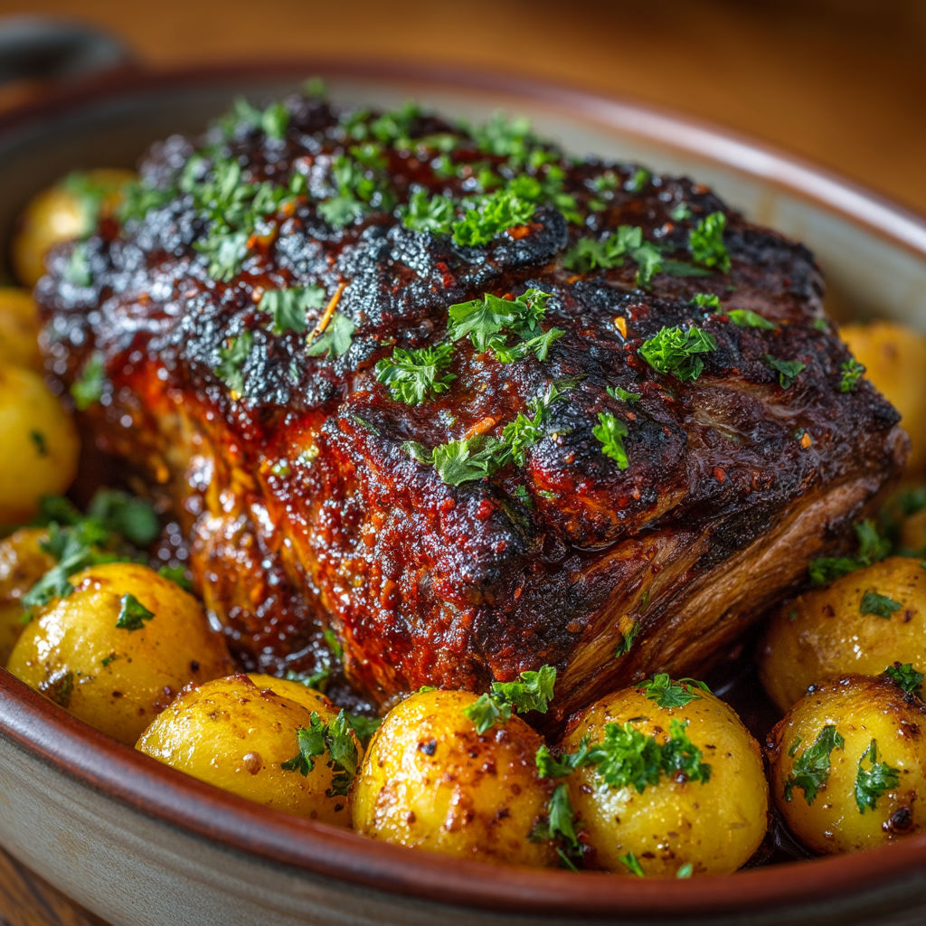 A roast beef dinner with potatoes and herbs.