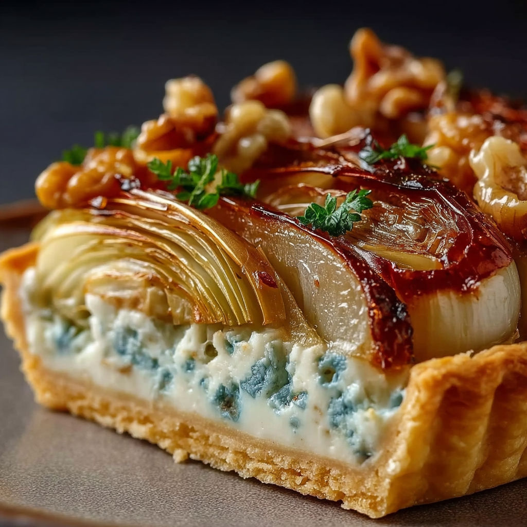 A slice of tartelette feuilletée with endives braisées, poires and crème de Roquefort.