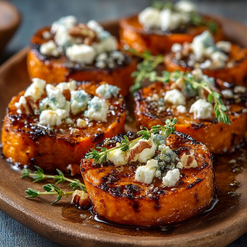 A plate of food with a blue cheese topping.