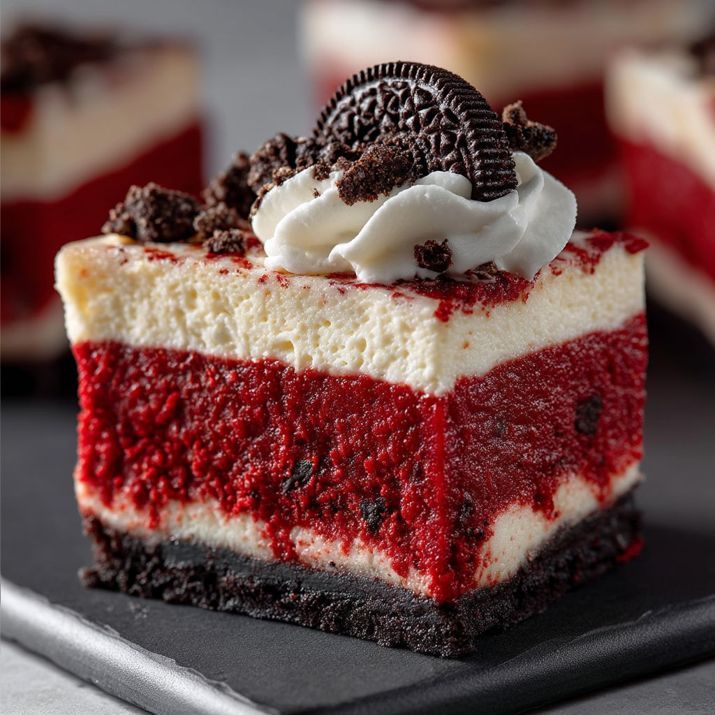 A slice of red velvet cheesecake with an oreo cookie on top.