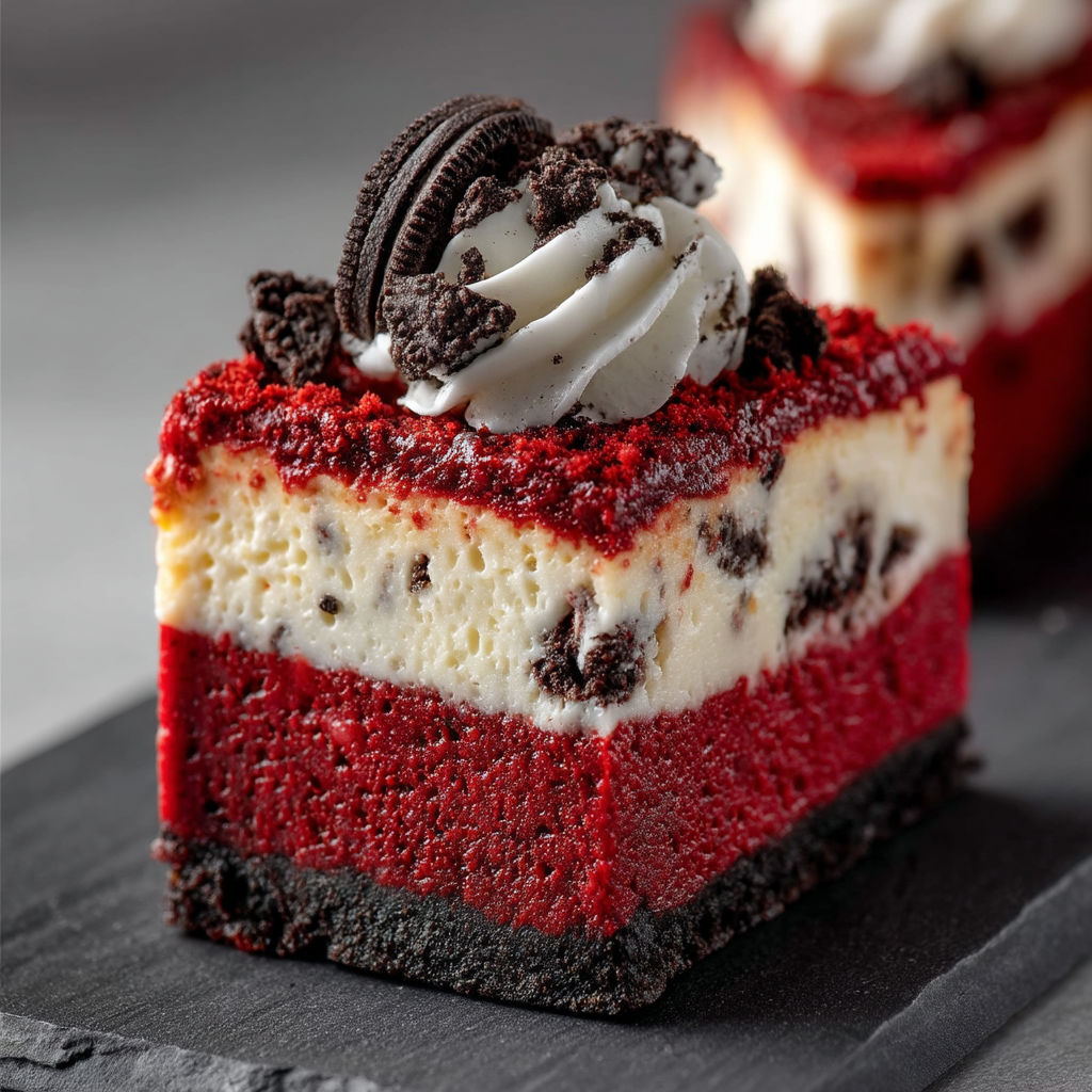 A slice of red velvet cake with white frosting and chocolate chips.