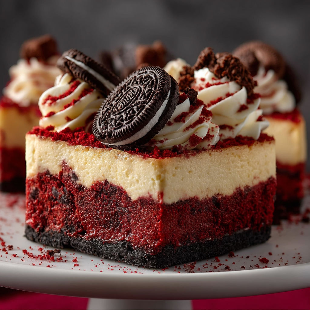 A slice of cake with a white and red frosting.