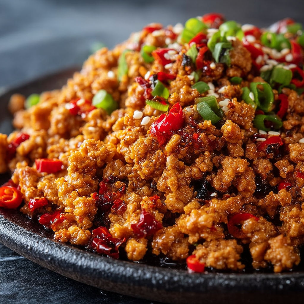 A plate of food with red peppers and green onions.