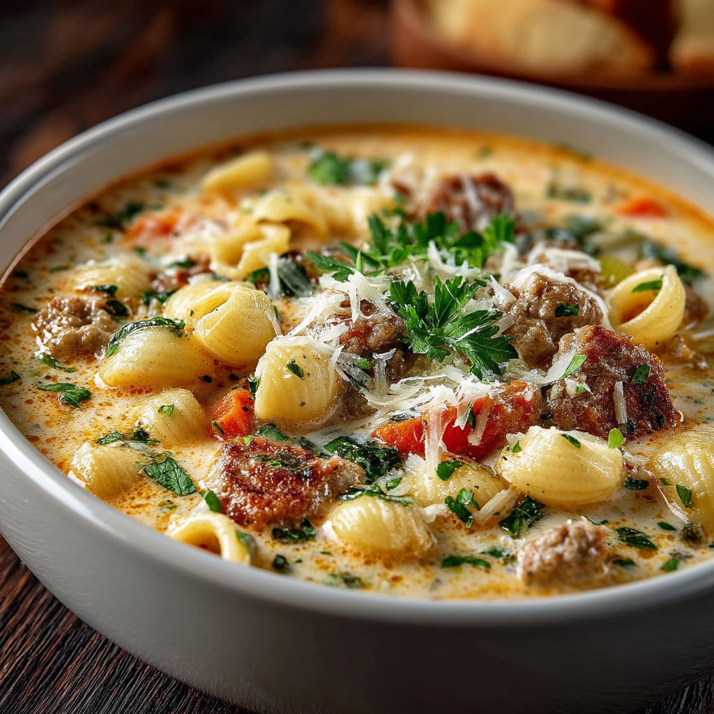 A bowl of pasta with meat and cheese.