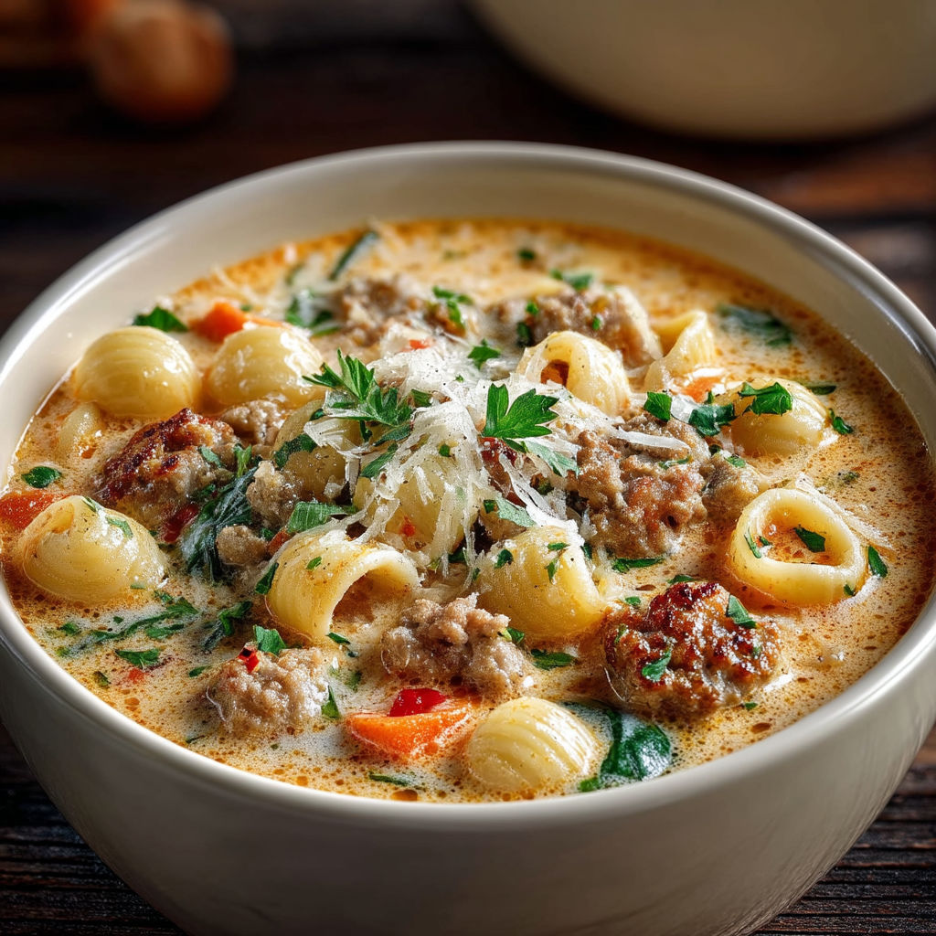 A bowl of pasta with meat and cheese.