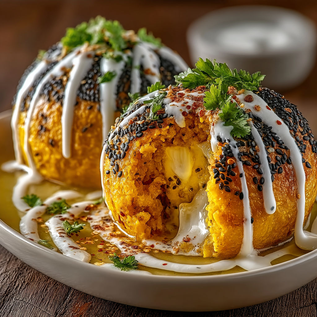 A plate of food with a white sauce on top.