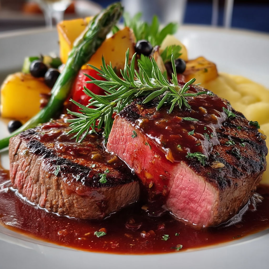 A plate of food with a steak and vegetables.