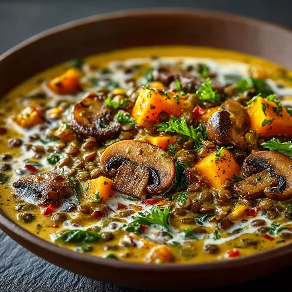 A bowl of soup with mushrooms, carrots, and lentils.