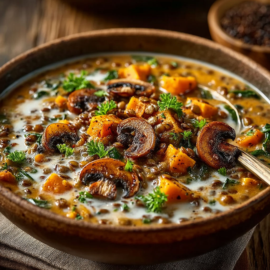 A bowl of soup with mushrooms and other vegetables.