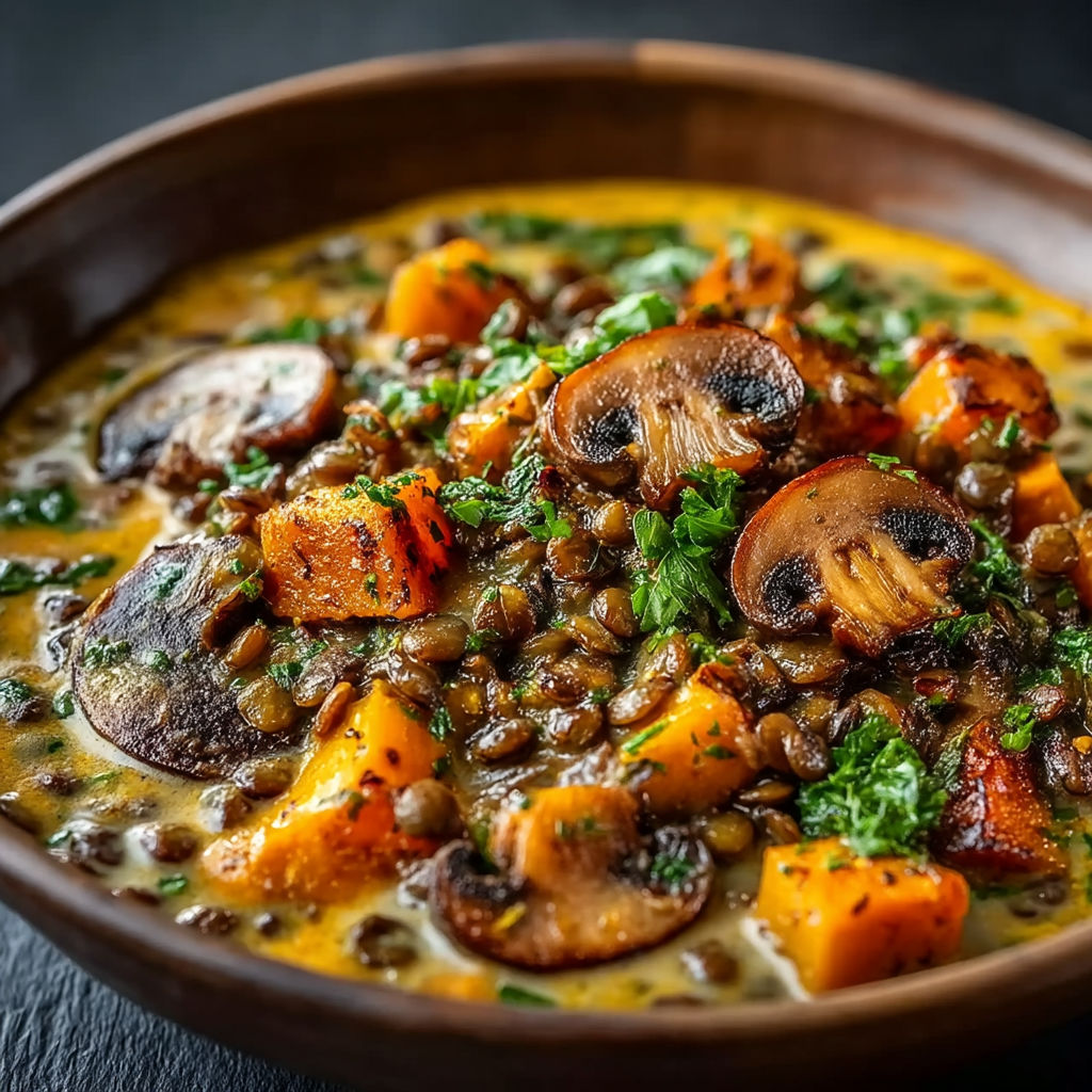 A bowl of food with mushrooms and carrots.