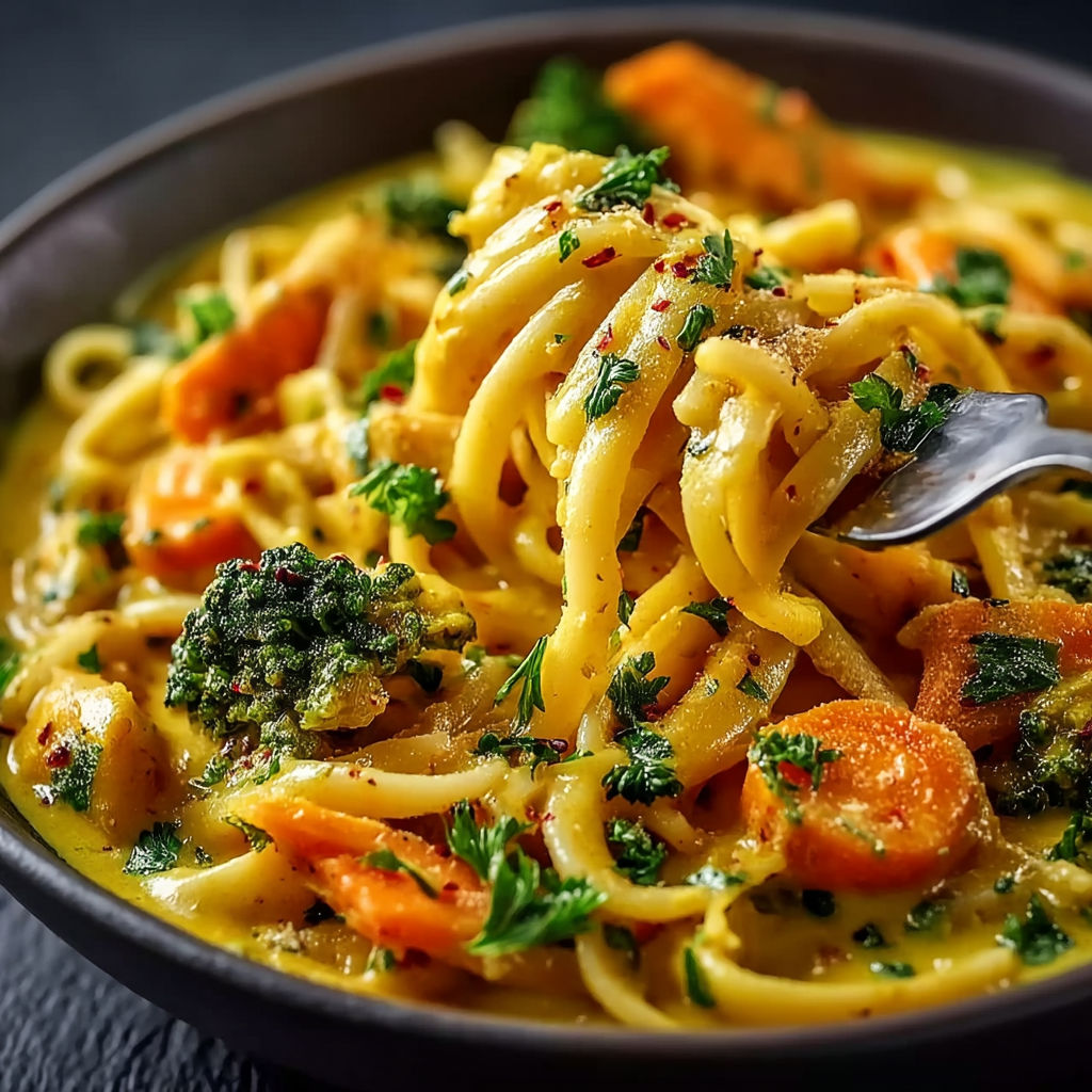 A bowl of pasta with vegetables and spices.