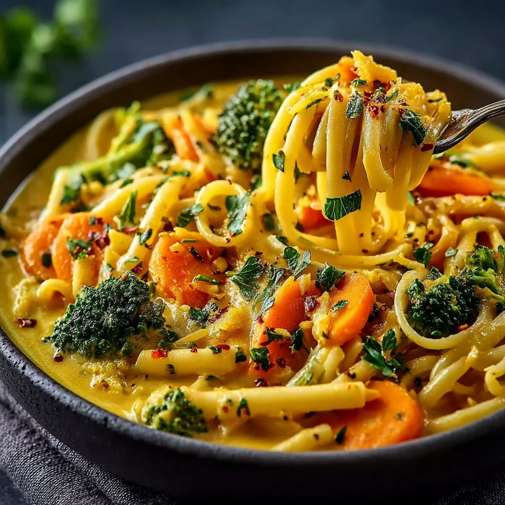 A bowl of pasta with broccoli and carrots.