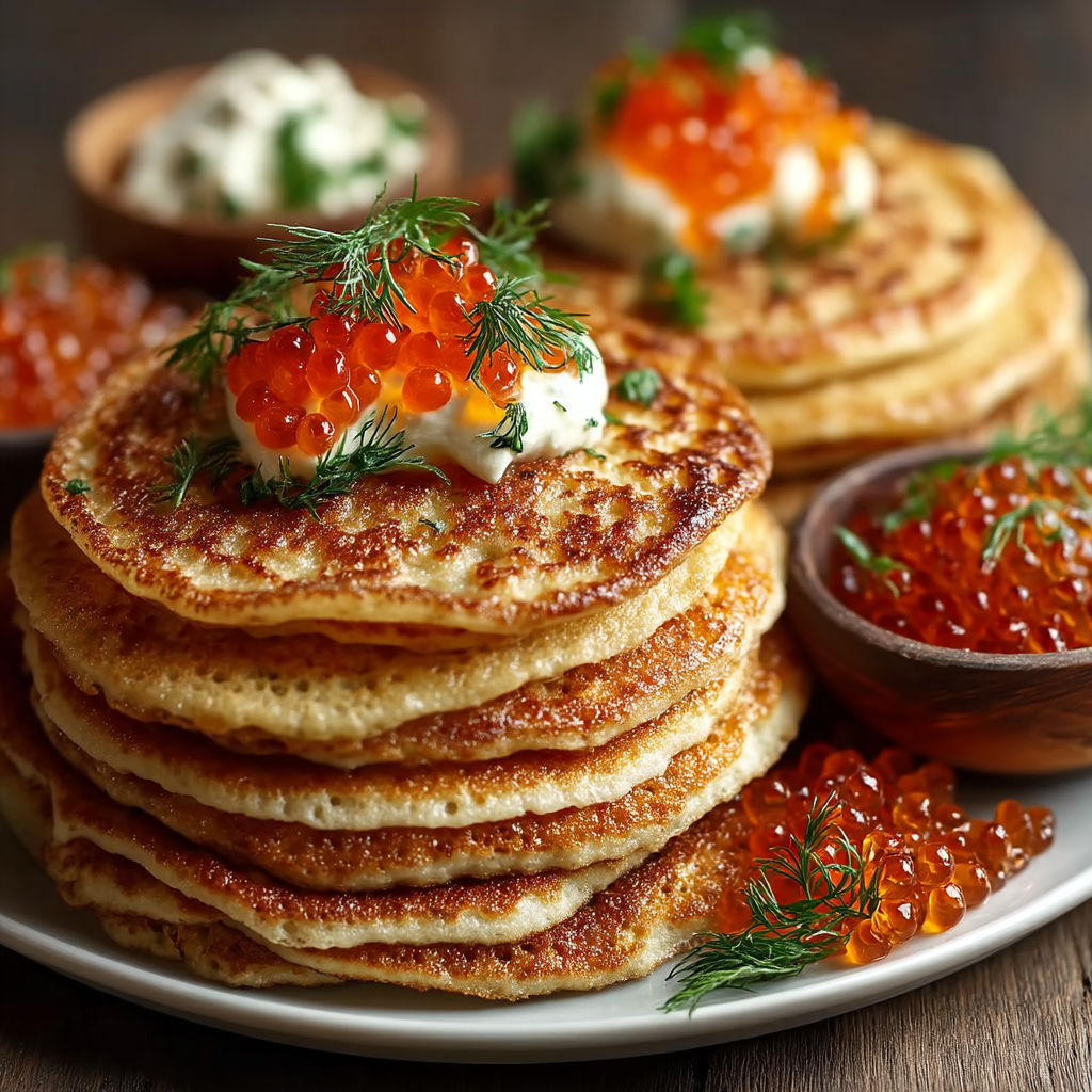A plate of blinis with a dollop of cream and a sprinkle of caviar.