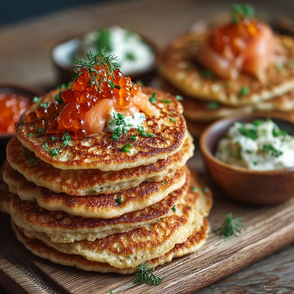 A stack of pancakes with a dollop of sour cream on top.