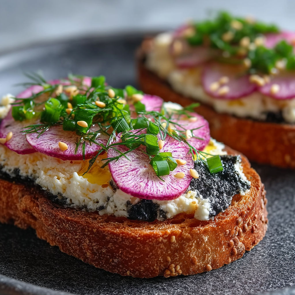 Two pieces of bread with white cheese and red onions on top.