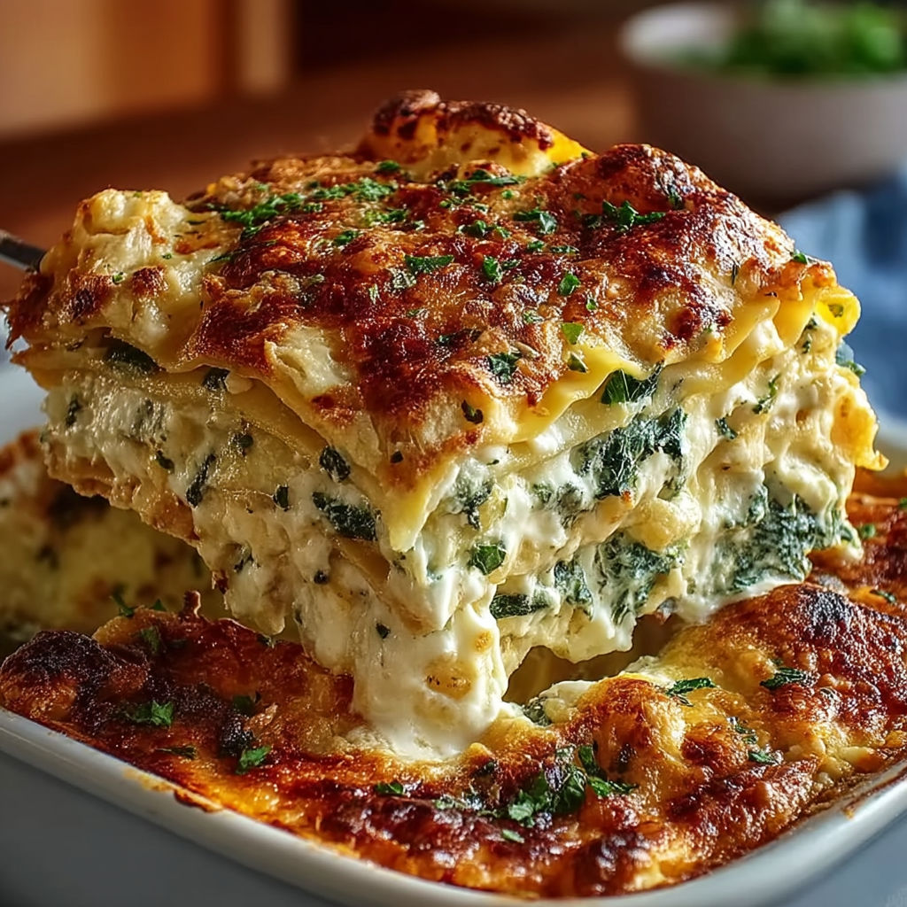 A plate of lasagna with spinach and white cheese.