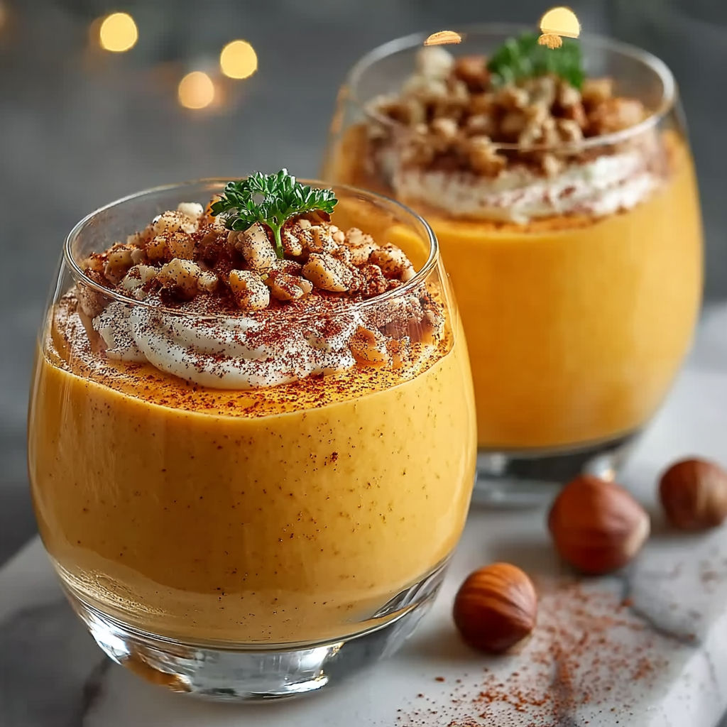 Two glasses of orange food with nuts on top.