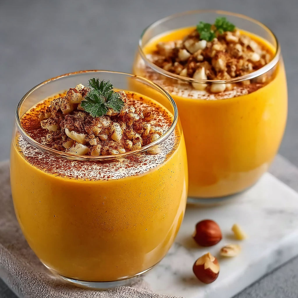 Two glasses of orange juice with nuts on top.