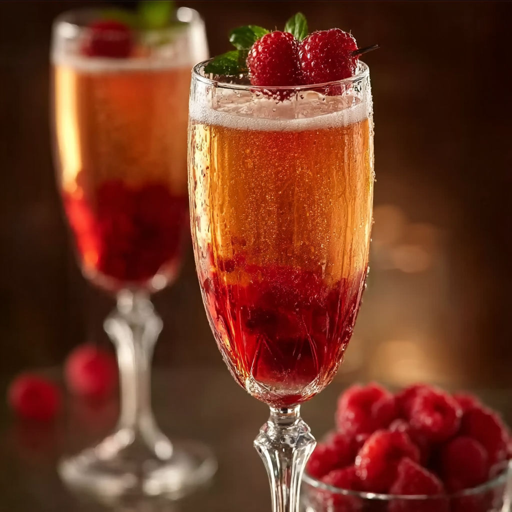 Two glasses of champagne with raspberries in them.