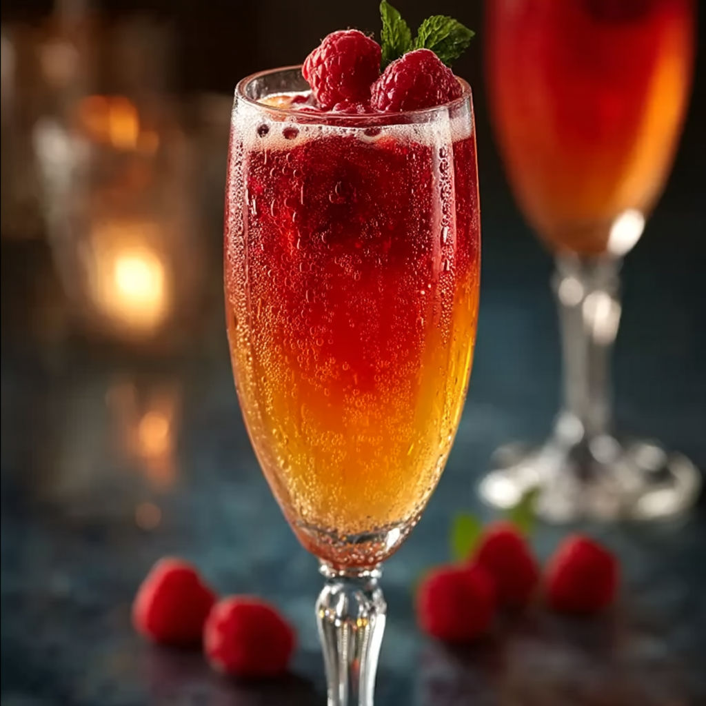 A glass of champagne with a raspberry on top.