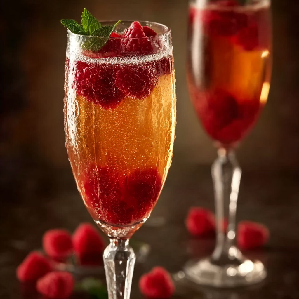 Two glasses of champagne with raspberries in them.