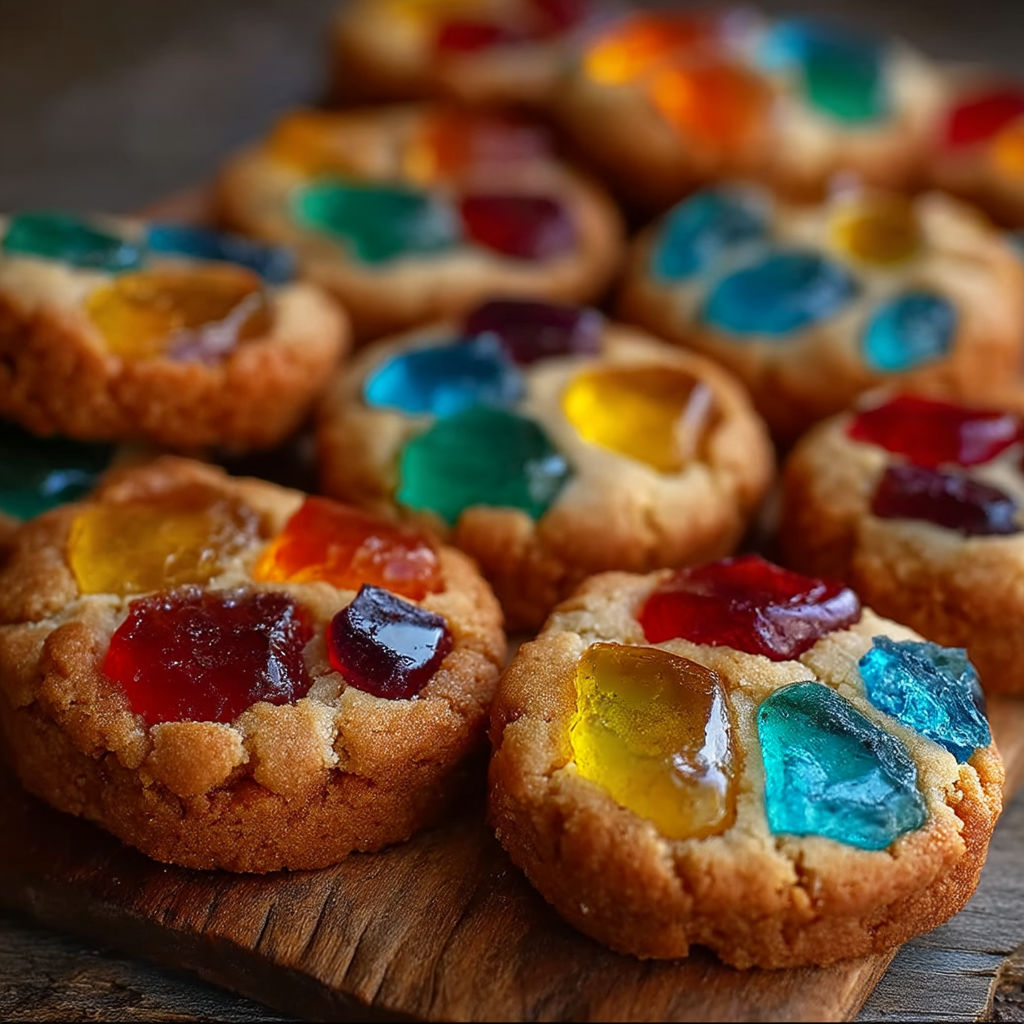 A wooden table with a plate of colorful cookies.