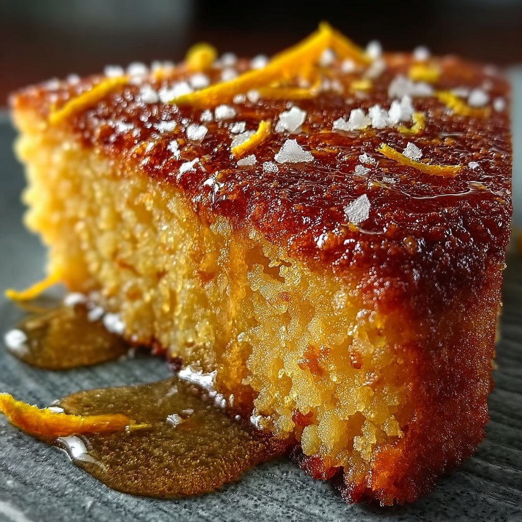 A slice of orange cake with a drizzle of sauce on top.