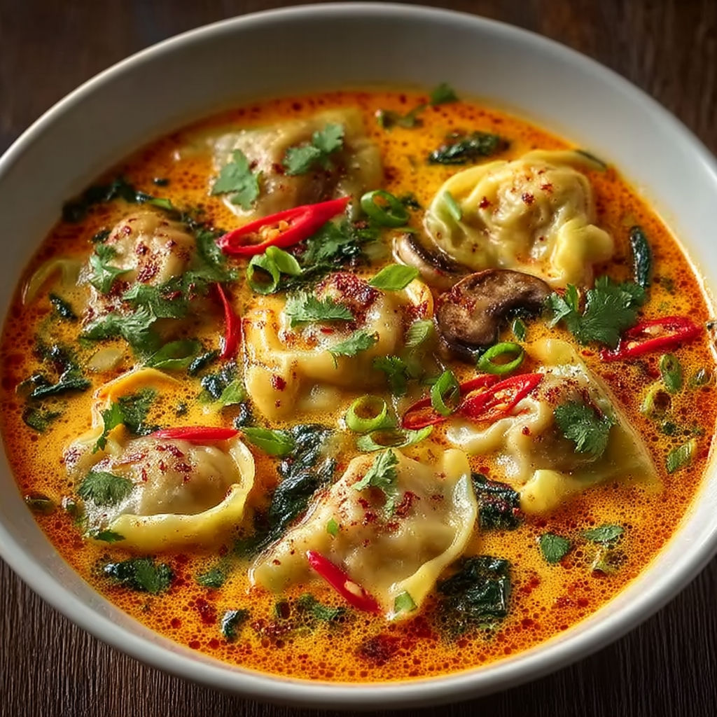 A bowl of soup with mushrooms and red peppers.