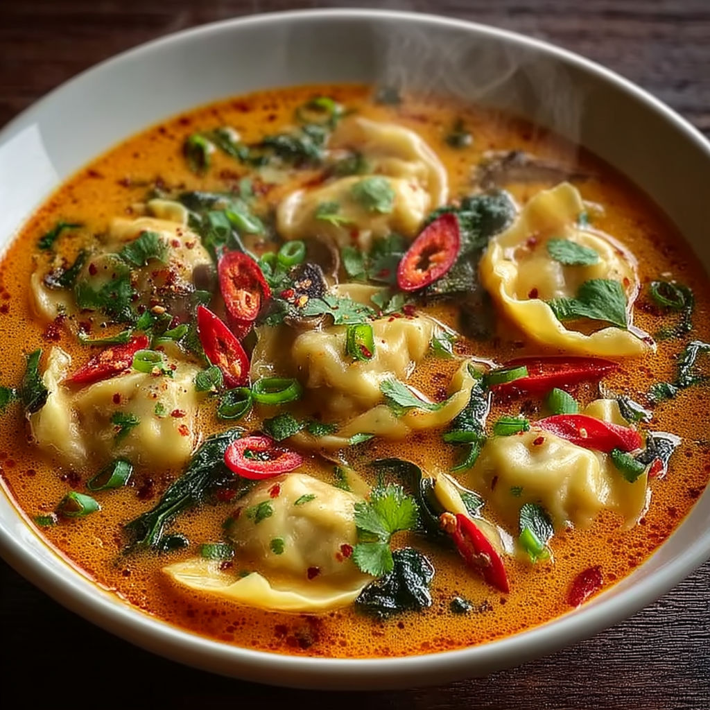 A bowl of soup with ravioli and curry.