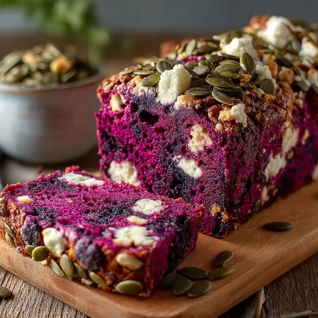 A slice of purple cake with feta cheese and nuts on top.