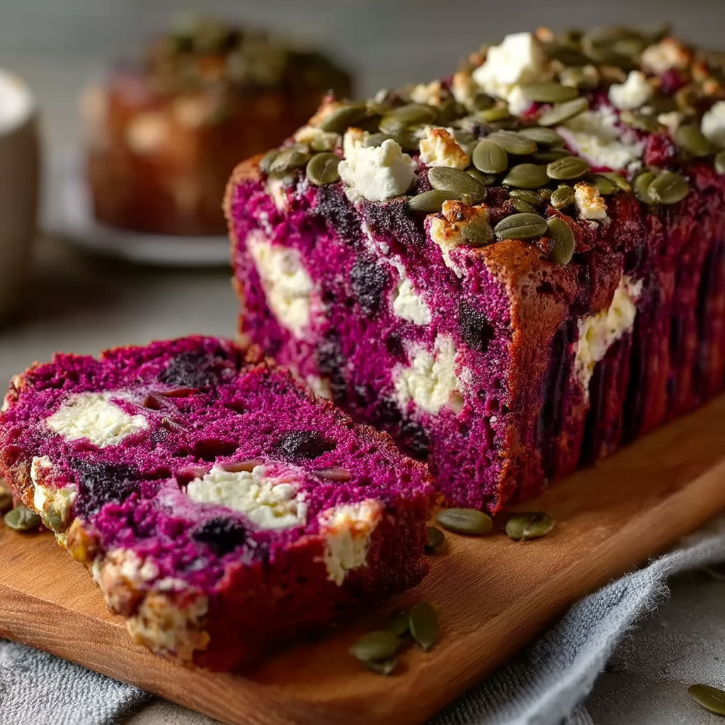 A slice of purple cake with feta cheese and nuts on top.